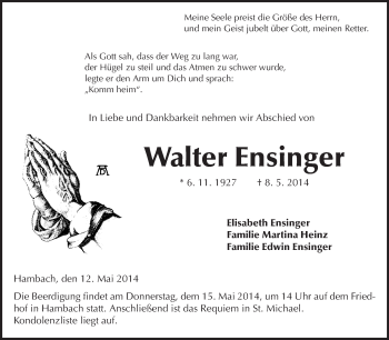 Traueranzeige von Walter Eisinger von Starkenburger Echo, Bergsträßer Anzeiger