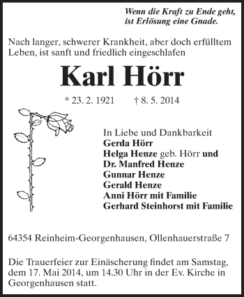 Traueranzeige von Karl Hörr von Echo-Zeitungen (Gesamtausgabe)