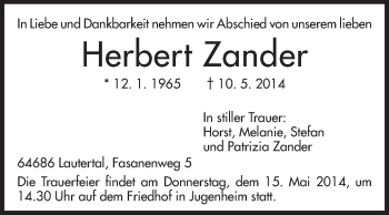 Traueranzeige von Herbert Zander von Echo-Zeitungen (Gesamtausgabe)