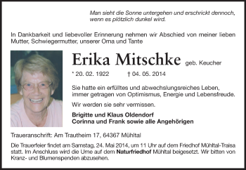 Traueranzeige von Erika Mitschke von Echo-Zeitungen (Gesamtausgabe)