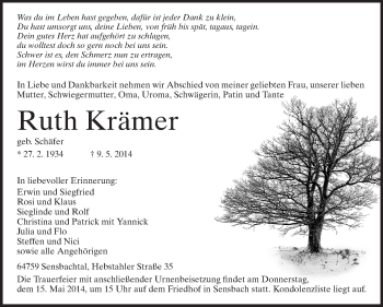 Traueranzeige von Ruth Krämer von Odenwälder Echo