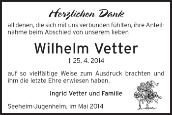 Traueranzeige von Wilhelm Vetter von Echo-Zeitungen (Gesamtausgabe)