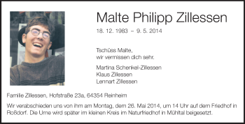 Traueranzeige von Malte Philipp Zillessen von Echo-Zeitungen (Gesamtausgabe)