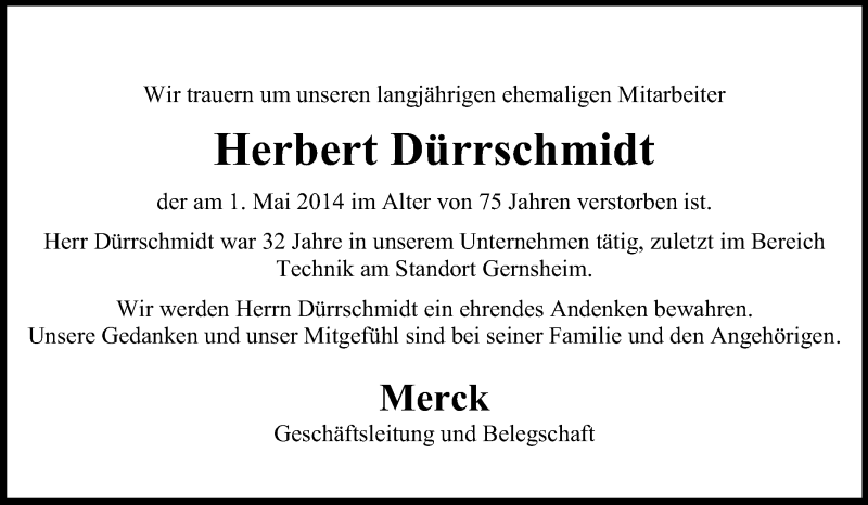  Traueranzeige für Herbert Dürrschmidt vom 14.05.2014 aus Rüsselsheimer Echo, Groß-Gerauer-Echo, Ried Echo