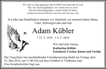 Traueranzeige von Adam Kübler von Odenwälder Echo
