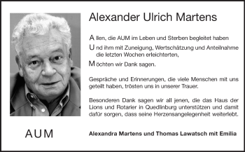 Traueranzeige von Alexander Ulrich Martens von Echo-Zeitungen (Gesamtausgabe)