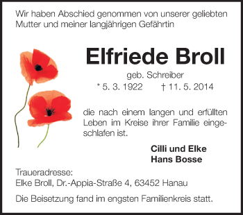 Traueranzeige von Elfriede Broll von Echo-Zeitungen (Gesamtausgabe)
