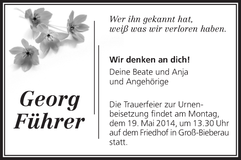  Traueranzeige für Georg Führer vom 17.05.2014 aus Echo-Zeitungen (Gesamtausgabe)