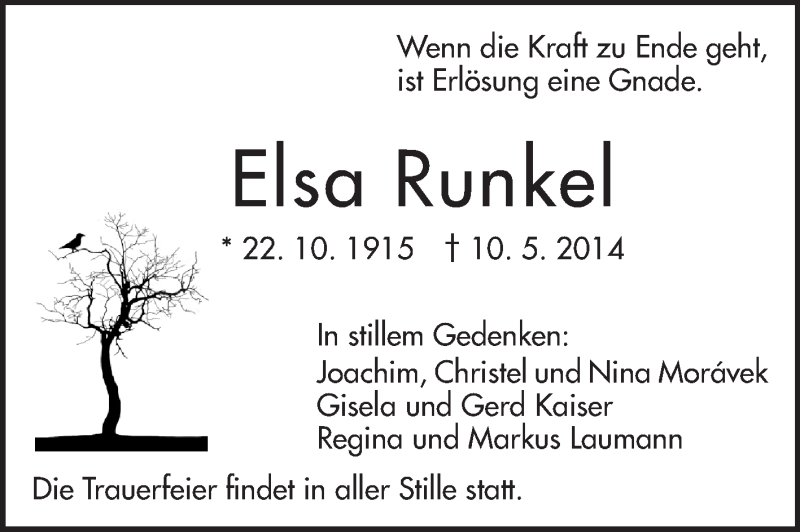  Traueranzeige für Elsa Runkel vom 17.05.2014 aus Echo-Zeitungen (Gesamtausgabe)