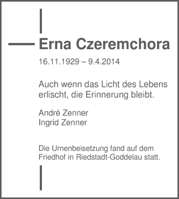 Traueranzeige von Erna Czeremchora von Rüsselsheimer Echo, Groß-Gerauer-Echo, Ried Echo