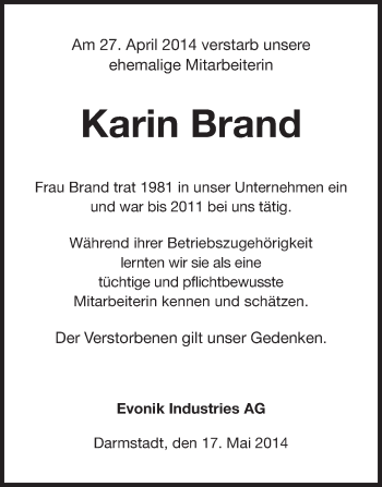 Traueranzeige von Karin Brand von Echo-Zeitungen (Gesamtausgabe)