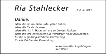 Traueranzeige von Ria Stahlecker von Echo-Zeitungen (Gesamtausgabe)