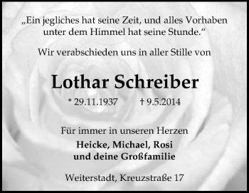 Traueranzeige von Lothar Schreiber von Echo-Zeitungen (Gesamtausgabe)