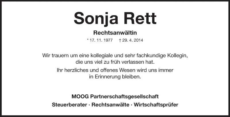  Traueranzeige für Sonja Rett vom 14.05.2014 aus Echo-Zeitungen (Gesamtausgabe)