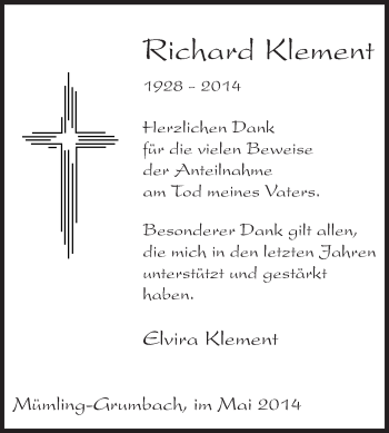 Traueranzeige von Richard Klement von Odenwälder Echo