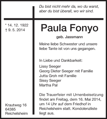 Traueranzeige von Paula Fonyo von Odenwälder Echo