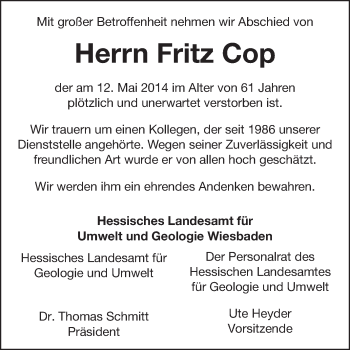 Traueranzeige von Fritz Cop von Echo-Zeitungen (Gesamtausgabe)