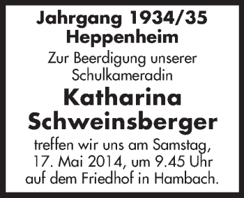 Traueranzeige von Katharina Schweinsberger von Starkenburger Echo