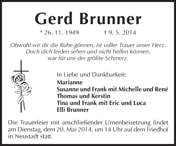 Traueranzeige von Gerd Brunner von Odenwälder Echo