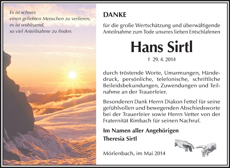  Traueranzeige für Hans Sirtl vom 17.05.2014 aus Starkenburger Echo