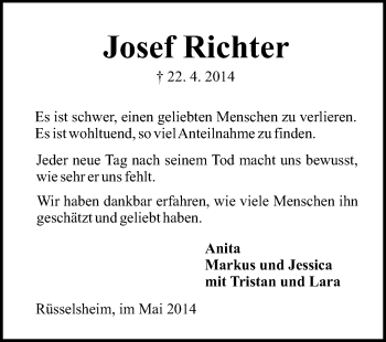 Traueranzeige von Josef Richter von Rüsselsheimer Echo, Groß-Gerauer-Echo, Ried Echo