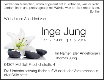 Traueranzeige von Inge Jung von Echo-Zeitungen (Gesamtausgabe)