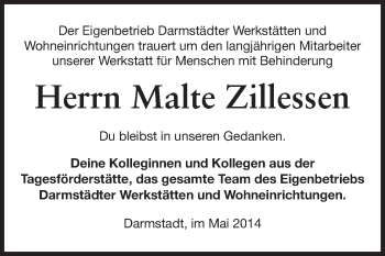 Traueranzeige von Malte Zillessen von Echo-Zeitungen (Gesamtausgabe)