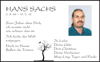 Traueranzeige von Hans Sachs von Darmstädter Echo, Odenwälder Echo, Rüsselsheimer Echo, Groß-Gerauer-Echo, Ried Echo