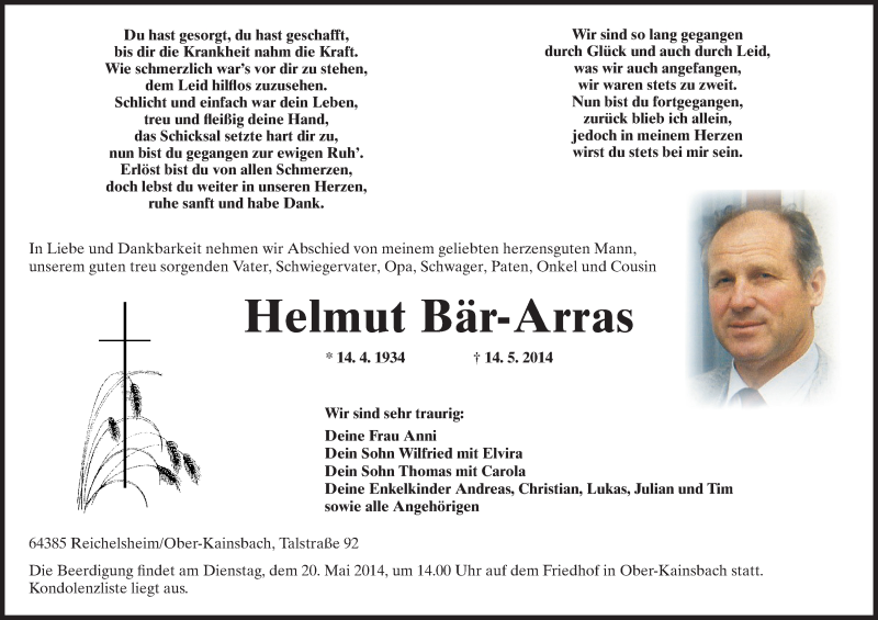  Traueranzeige für Helmut Bär-Arras vom 17.05.2014 aus Echo-Zeitungen (Gesamtausgabe)