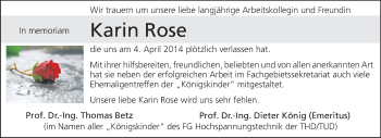 Traueranzeige von Karin Rose von Echo-Zeitungen (Gesamtausgabe)