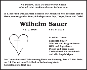 Traueranzeige von Wilhelm Sauer von Odenwälder Echo