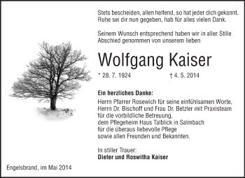 Traueranzeige von Wolfgang Kaiser von Echo-Zeitungen (Gesamtausgabe)