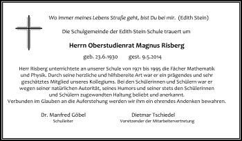 Traueranzeige von Magnus Risberg von Echo-Zeitungen (Gesamtausgabe)
