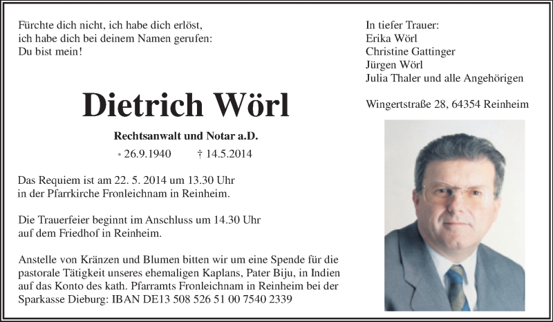  Traueranzeige für Dietrich Wörl vom 17.05.2014 aus Echo-Zeitungen (Gesamtausgabe)