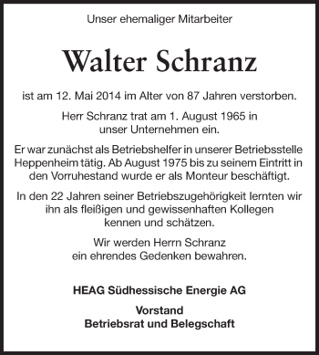 Traueranzeige von Walter Schranz von Echo-Zeitungen (Gesamtausgabe)