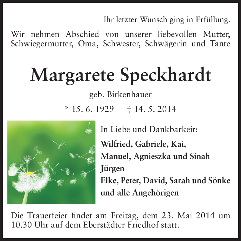  Traueranzeige für Margarete Speckhardt vom 17.05.2014 aus Echo-Zeitungen (Gesamtausgabe)