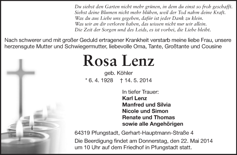  Traueranzeige für Rosa Lenz vom 17.05.2014 aus Echo-Zeitungen (Gesamtausgabe)