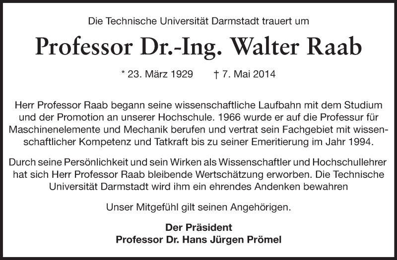  Traueranzeige für Walter Raab vom 17.05.2014 aus Echo-Zeitungen (Gesamtausgabe)
