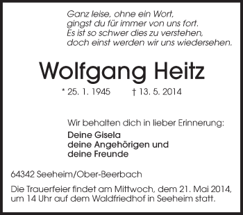 Traueranzeige von Wolfgang Heitz von Echo-Zeitungen (Gesamtausgabe)