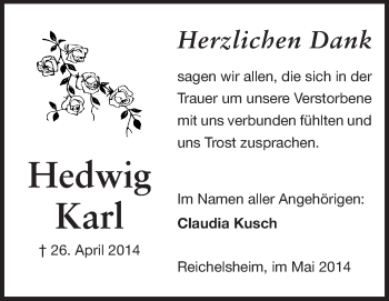 Traueranzeige von Hedwig Karl von Odenwälder Echo