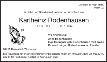 Traueranzeige von Karlheinz Rodenhausen von Echo-Zeitungen (Gesamtausgabe)