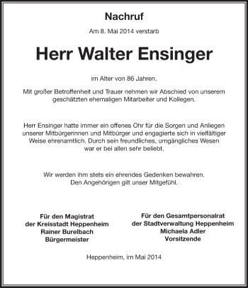 Traueranzeige von Walter Ensinger von Starkenburger Echo