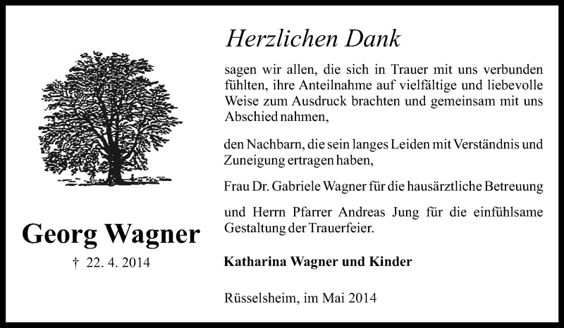  Traueranzeige für Georg Wagner vom 24.05.2014 aus Rüsselsheimer Echo, Groß-Gerauer-Echo, Ried Echo