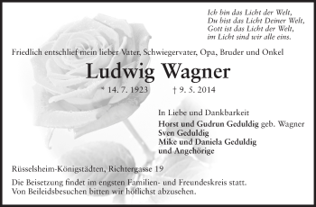 Traueranzeige von Ludwig Wagner von Rüsselsheimer Echo, Groß-Gerauer-Echo, Ried Echo