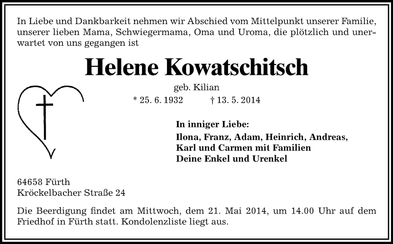  Traueranzeige für Helene Kowatschitsch vom 19.05.2014 aus Starkenburger Echo