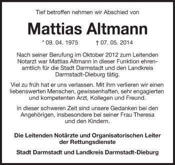 Traueranzeige von Mattias Altmann von Echo-Zeitungen (Gesamtausgabe)