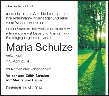Traueranzeige von Maria Schulze von Rüsselsheimer Echo, Groß-Gerauer-Echo, Ried Echo
