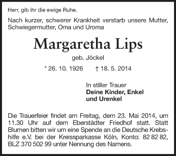 Traueranzeige von Margaretha Lips von Echo-Zeitungen (Gesamtausgabe)