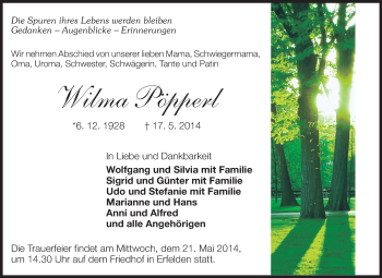 Traueranzeige von Wilma Pöpperl von Rüsselsheimer Echo, Groß-Gerauer-Echo, Ried Echo