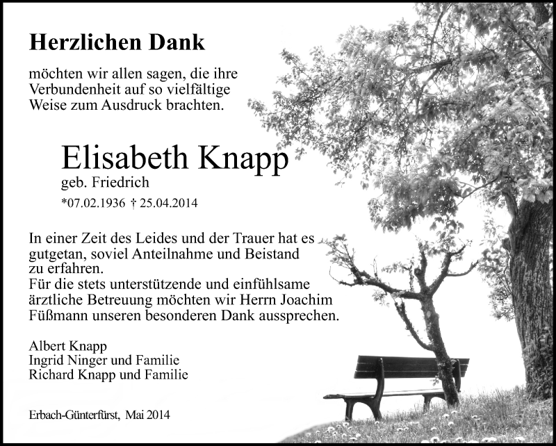  Traueranzeige für Elisabeth Knapp vom 20.05.2014 aus Odenwälder Echo